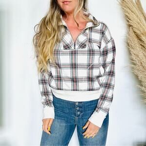 NEW FP FREE PEOPLE White Red Black Plaid Pullover Half Zip Sweater Sweatshirt S